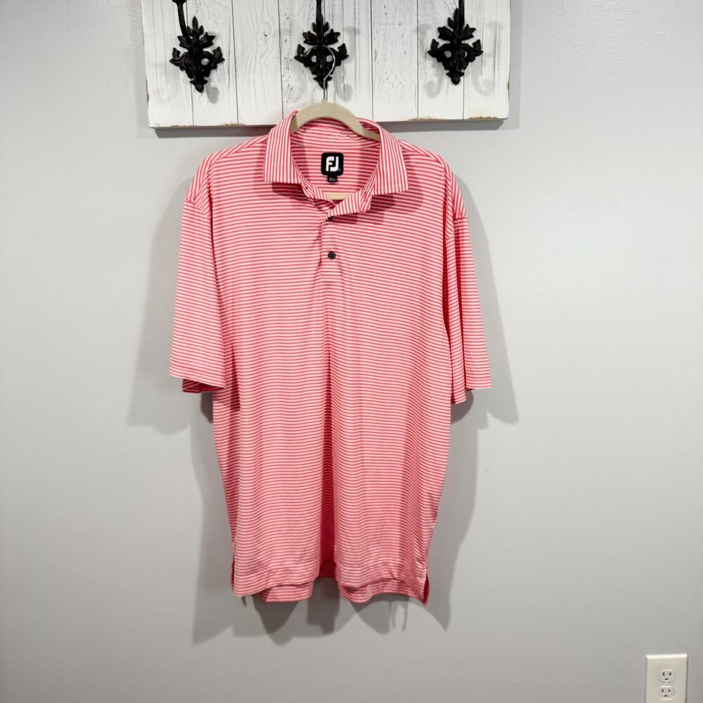 FootJoy FJ Mens Striped Golf Polo Shirt Salmon Pink White Size L